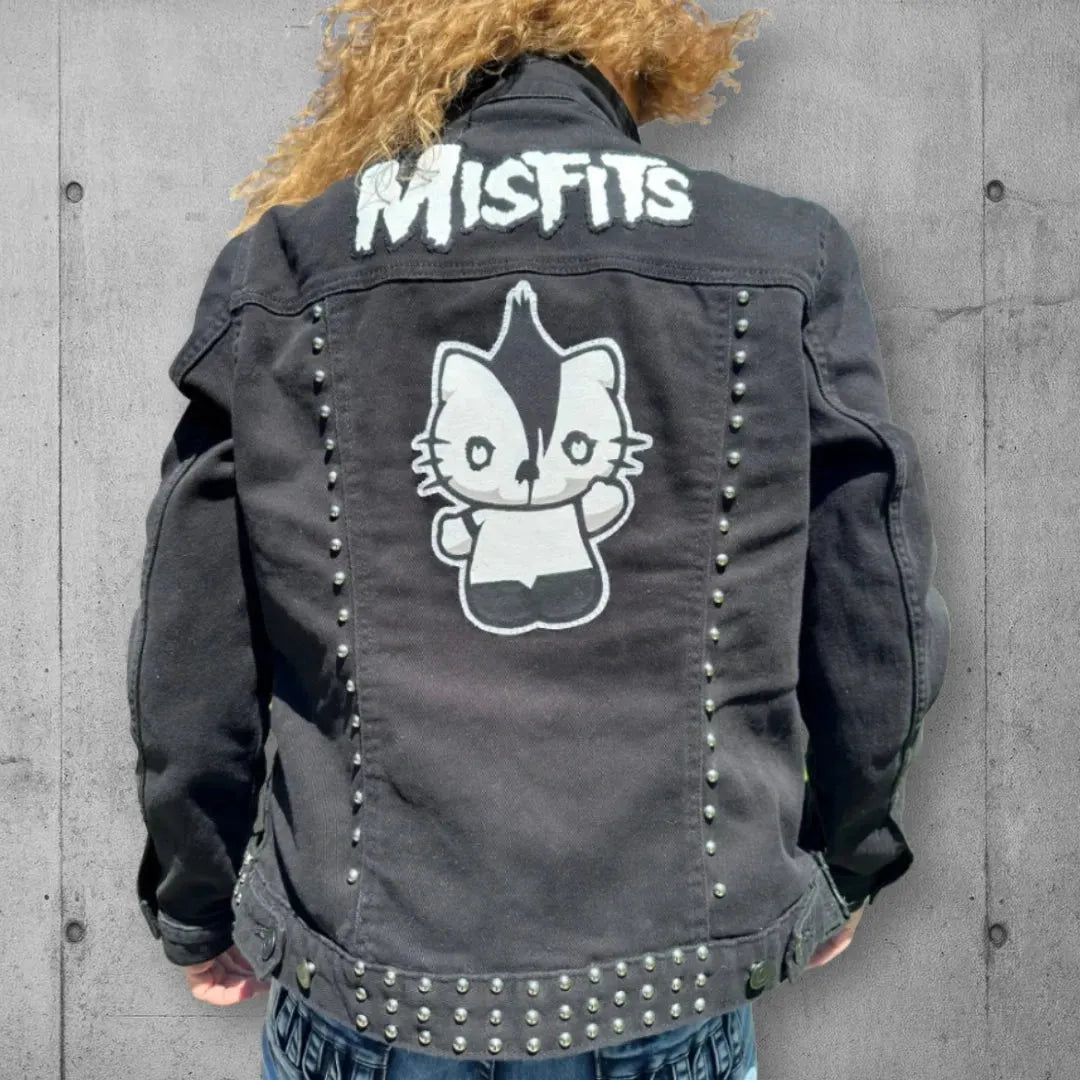 The Misfits Kitty Studded Denim Jacket w Moto Belt boomersarepunktoo.com