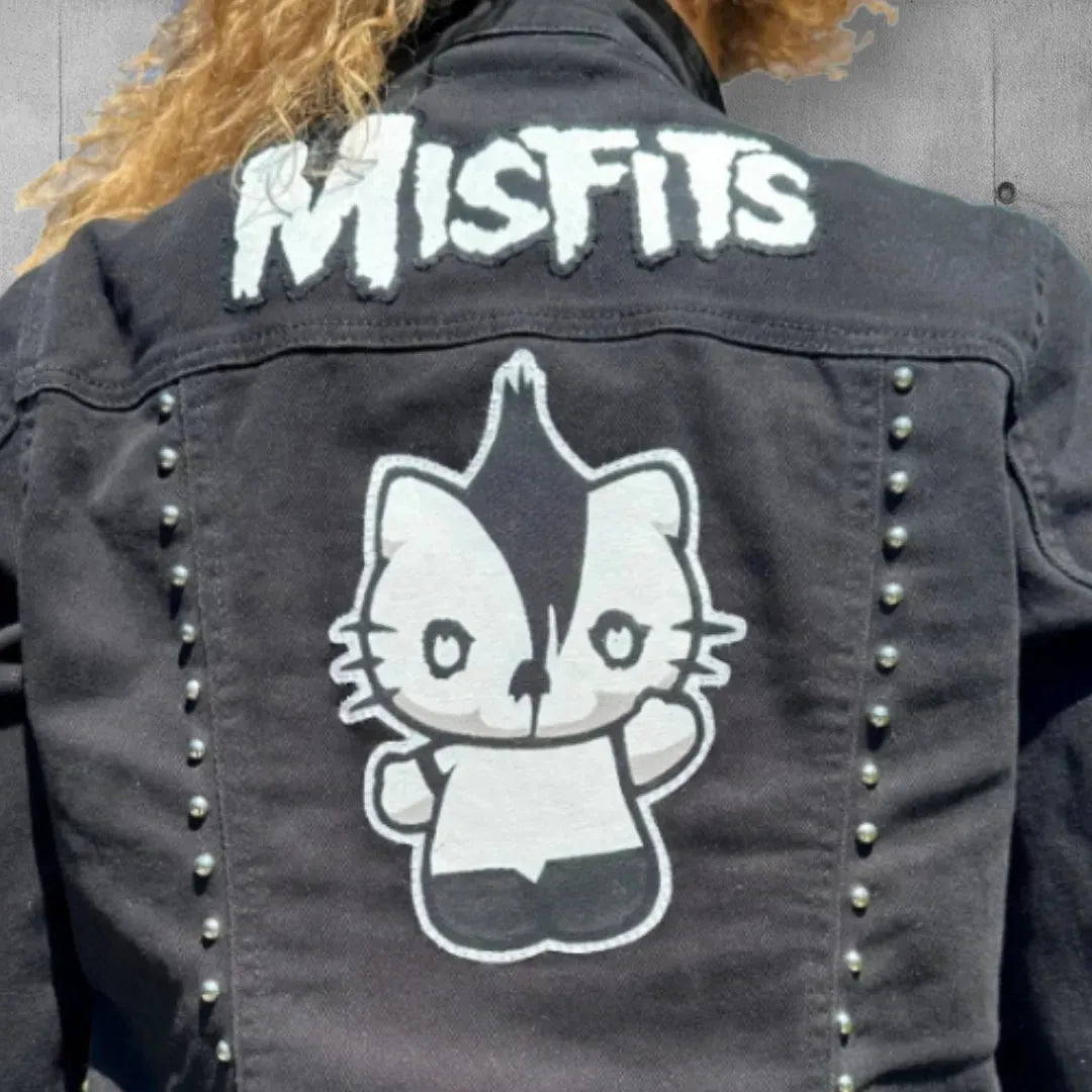 The Misfits Kitty Studded Denim Jacket w Moto Belt boomersarepunktoo.com