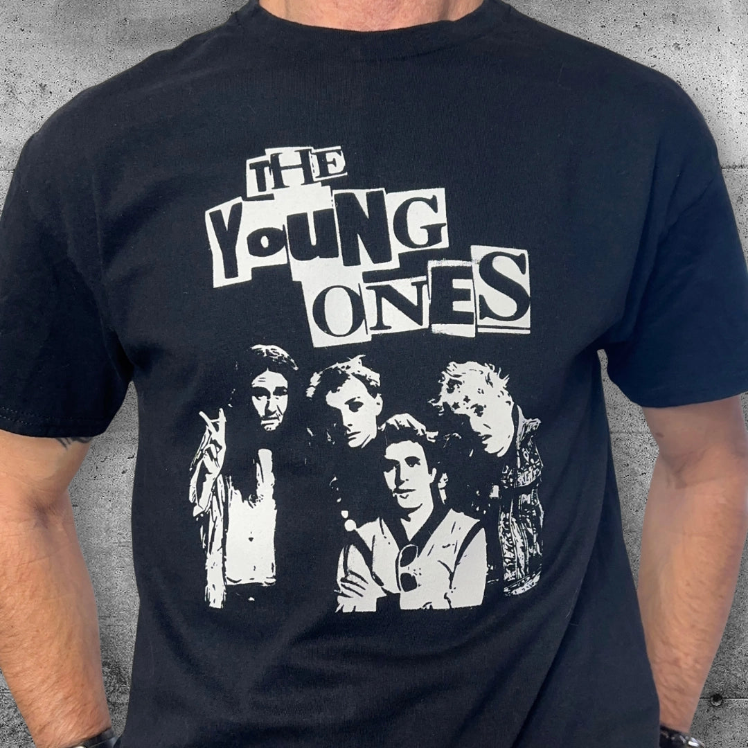 Black punk t-shirt featuring The Young Ones band graphic and bold text, rocker clothing style.