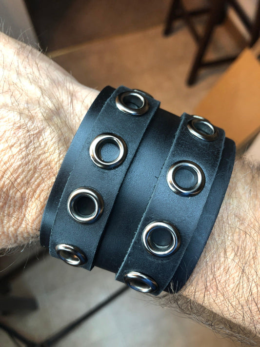 Unisex Black Two Strap Leather Wrist Cuff w/Eyelets boomersarepunktoo.com