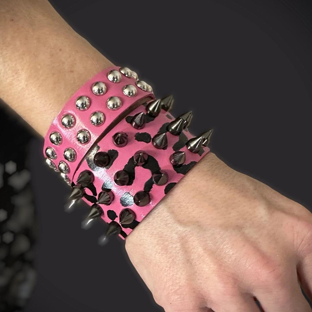 Unisex Pink Leopard Print Spiked Leather Cuff boomersarepunktoo.com