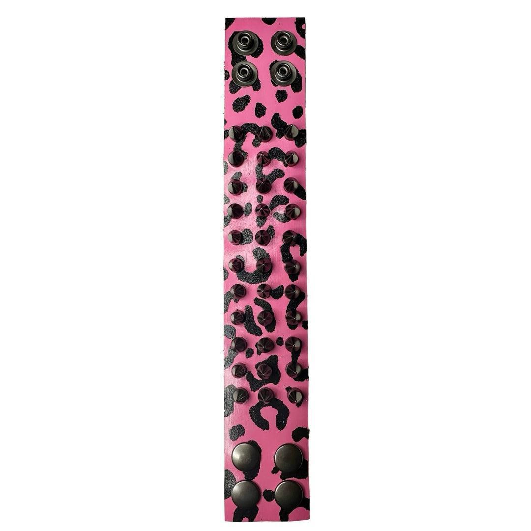 Unisex Pink Leopard Print Spiked Leather Cuff boomersarepunktoo.com