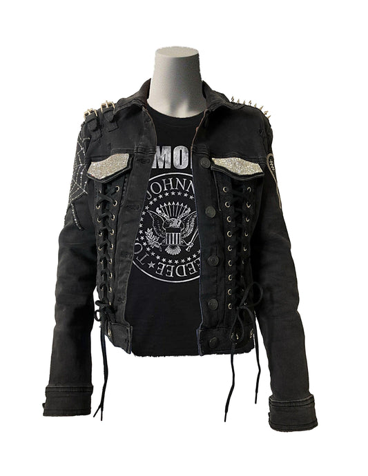 Women’s Black Emo/Punk Rock/Gothic Kitty Bling Denim Jacket boomersarepunktoo.com