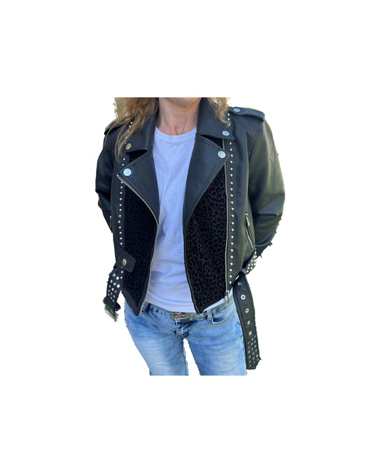 Women's Cropped Black Studded Faux Leather Rocker Jacket (Leopard Print) boomersarepunktoo.com