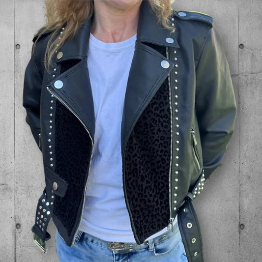 Women's Cropped Black Studded Vegan Leather Jacket (Leopard Print) boomersarepunktoo.com