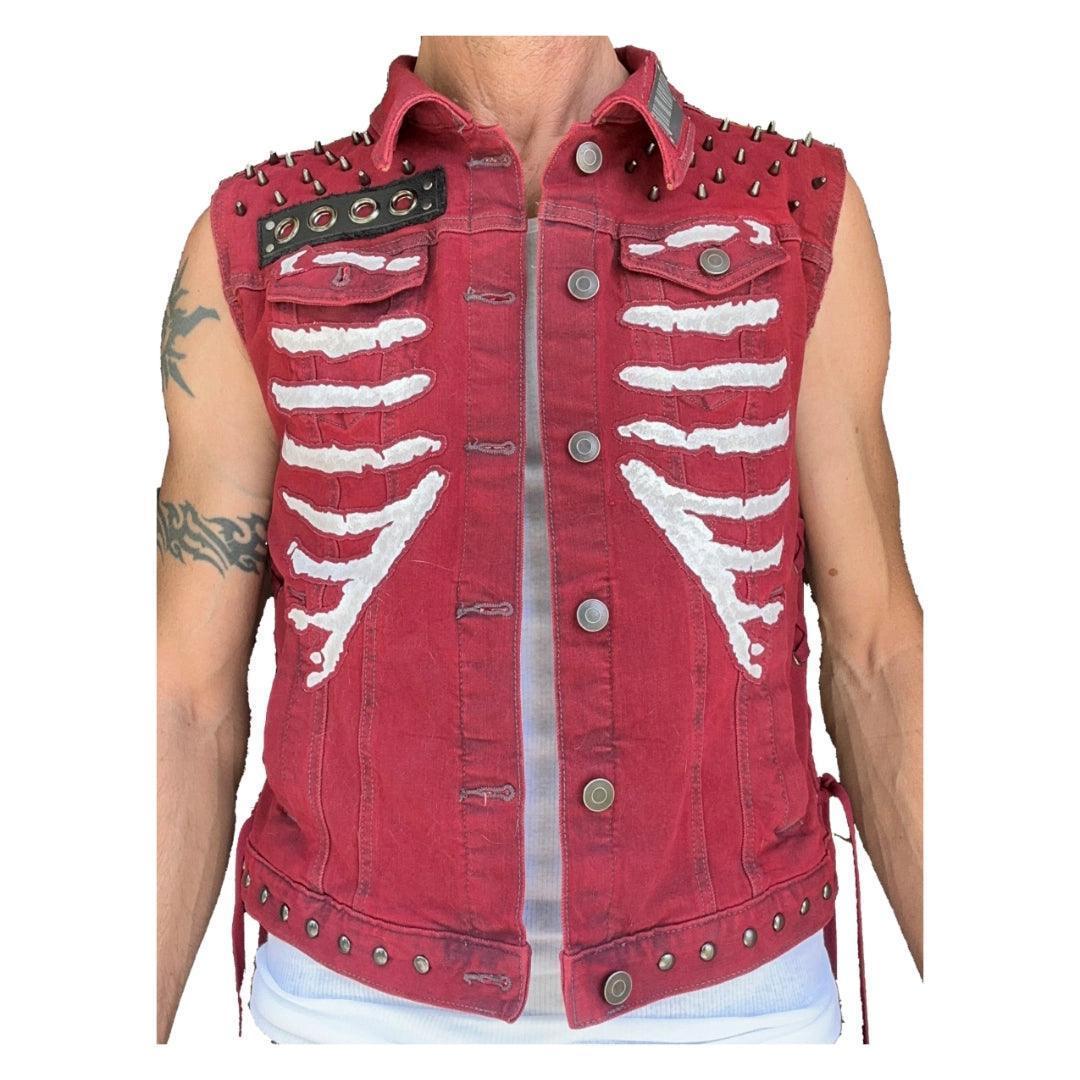 Women's Red Denim Punk Rocker Rib Cage Vest boomersarepunktoo.com