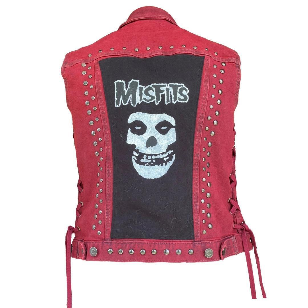 Women's Red Denim Punk Rocker Rib Cage Vest boomersarepunktoo.com