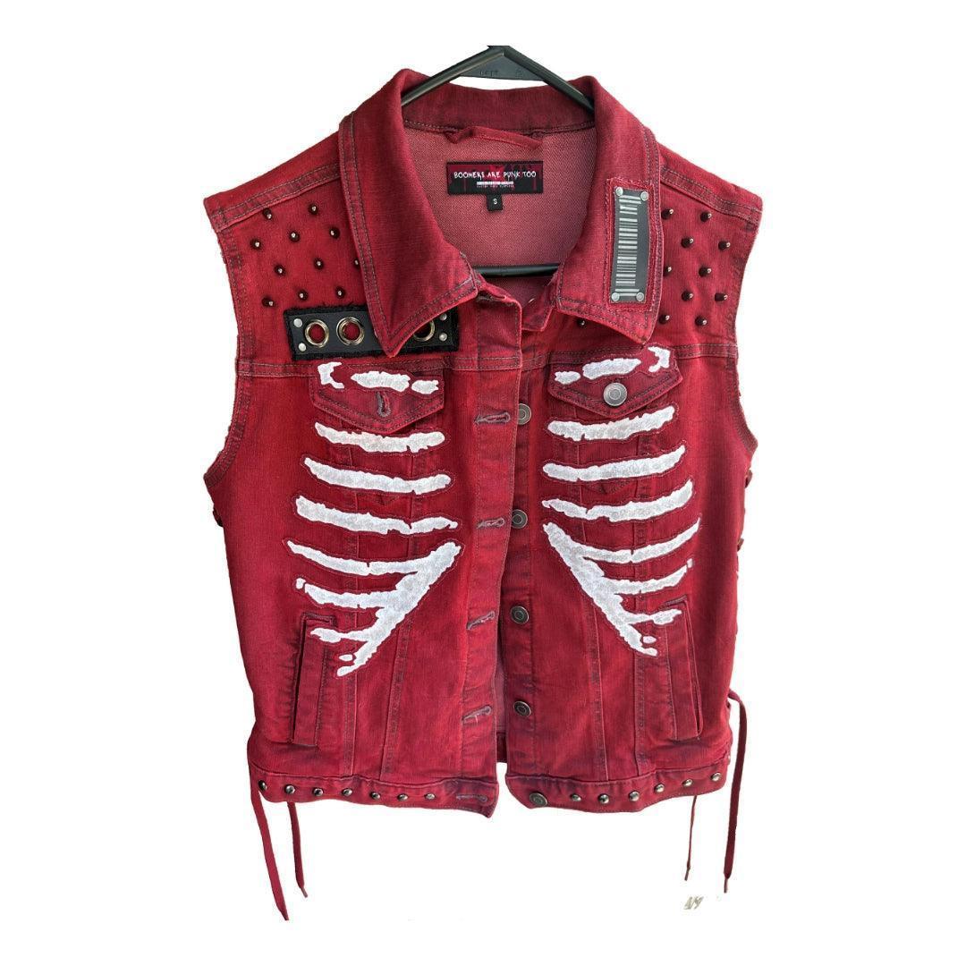 Women's Red Denim Punk Rocker Rib Cage Vest boomersarepunktoo.com