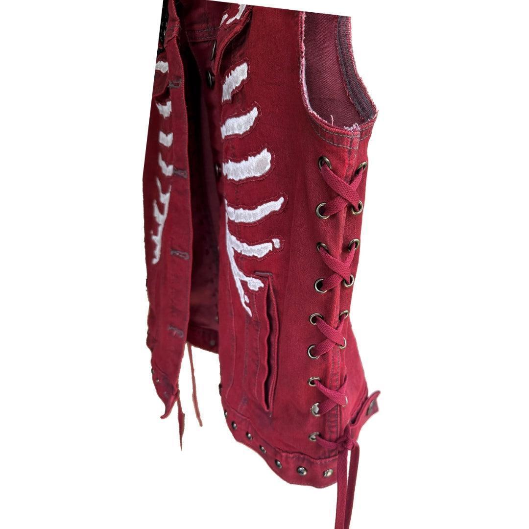 Women's Red Denim Punk Rocker Rib Cage Vest boomersarepunktoo.com