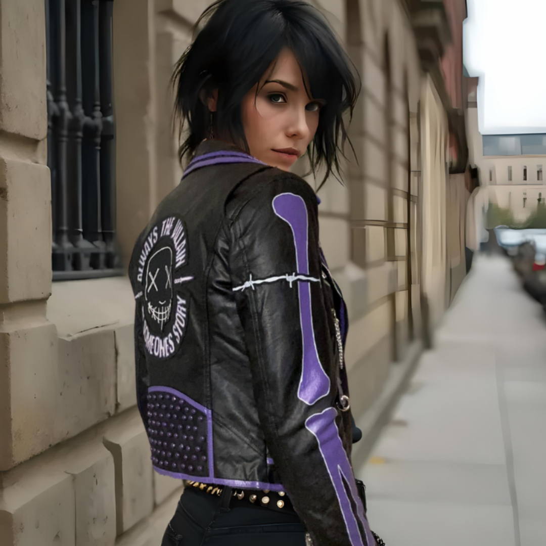 Woman wearing black and purple vegan leather punk rocker jacket with skeleton and skull design on city street